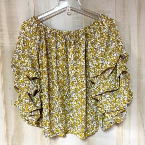 Patrizia Luca Yellow White Gathered Sleeve Blouse, Can Be Off The Shoulder, Sz S - Picture 2 of 5